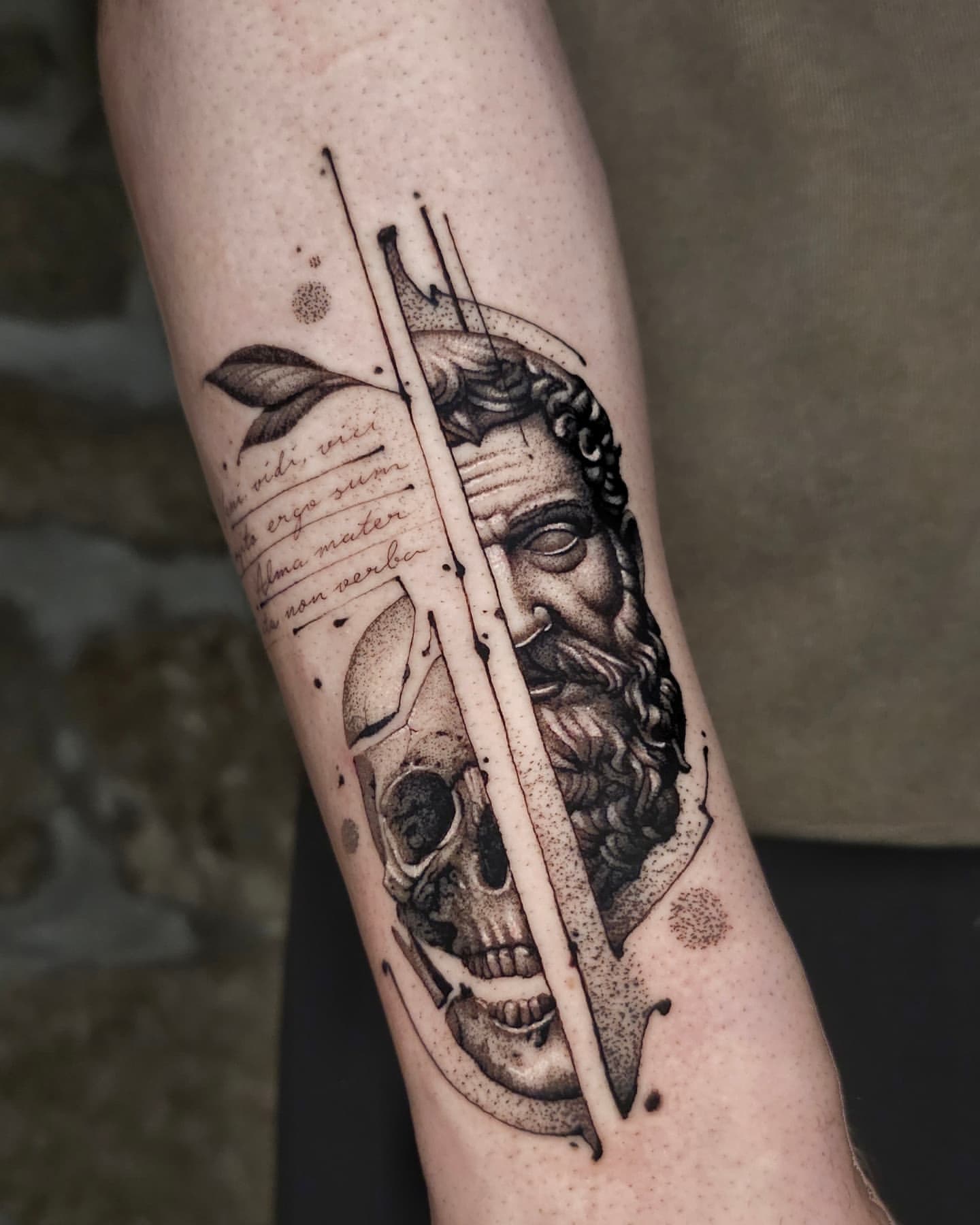 Zeus and skull split composition fine line tattoo on forearm by Lex Almeida